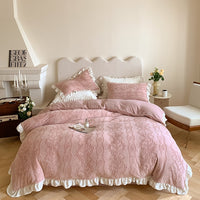 Thumbnail for Luxury White Pink 3D Carved Velvet Girl Winter Ruffles Duvet Cover Set, Velvet Fleece Fabric Bedding Set