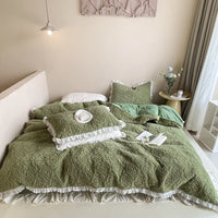 Thumbnail for Premium White Green Warm Winter Fluffy Short Plush Flowers Carved Duvet Cover Set, Velvet Fleece Bedding Set