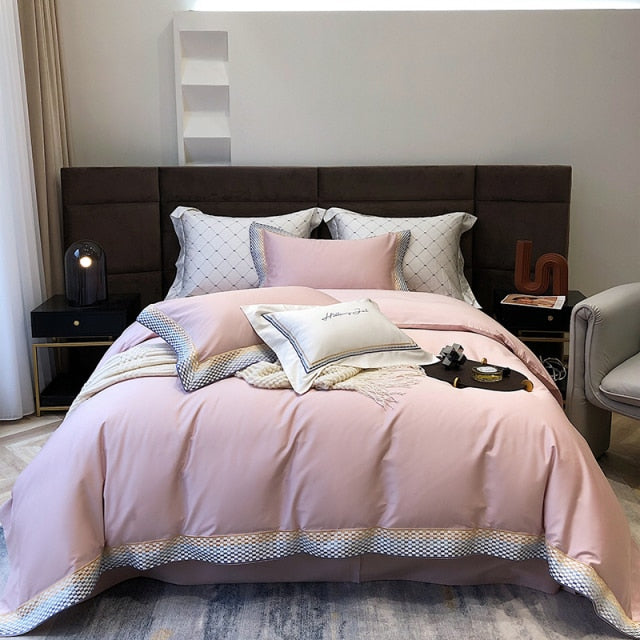 Luxury Brown Pink Blue Embroidered Hotel Style Duvet Cover Set, 1000TC Egyptian Cotton Bedding Set