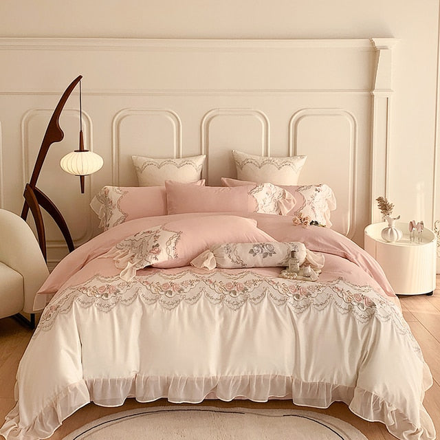 Pink Romantic French Princess Rose Lace Ruffles Duvet Cover, 1000TC Egyptian Cotton Bedding Set