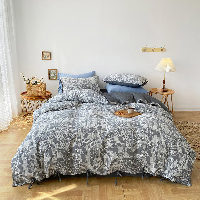 Blue Grey Jacquard Leaf Vintage Flower Bush Duvet Cover Set, Washed Cotton Bedding Set