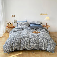 Thumbnail for Blue Grey Jacquard Leaf Vintage Flower Bush Duvet Cover Set, Washed Cotton Bedding Set