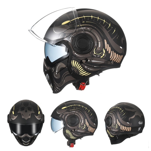Black Grey Skull Retro Motorcycle Helmets Open Full Face Double Lens Dot Approved