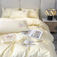 Thumbnail for Premium White Rose Sweet Embroidery Lace Edge Duvet Cover Set, Egyptian Cotton Bedding Set