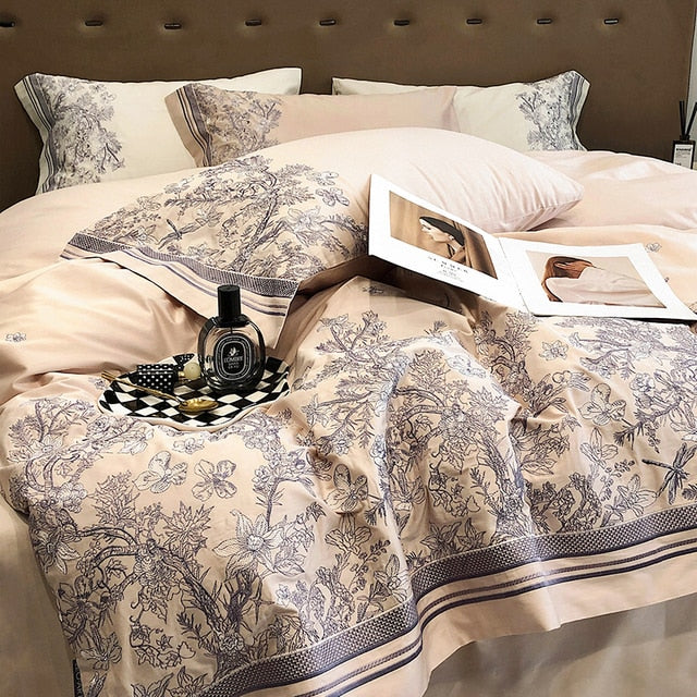 Cream White Vintage American Europe Floral Embroidery Duvet Cover, 1000TC Egyptian Cotton Bedding Set