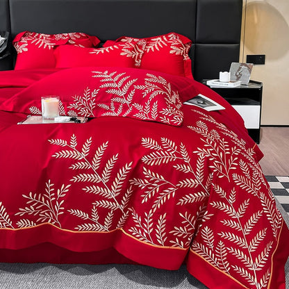 Luxury Gold Red Leaves Family Embroidered Duvet Cover, Egyptian Cotton Bedding Set