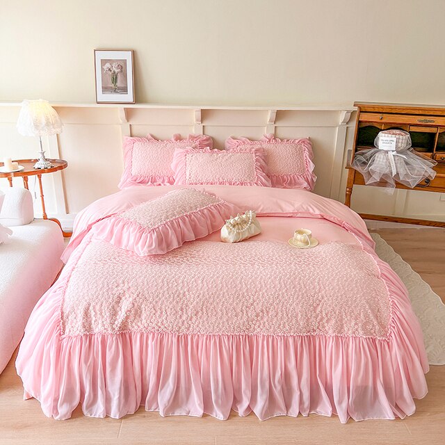 White Pink Korean Princess Girls Child Lace Ruffles Duvet Cover Set, 100% Cotton Bedding Set