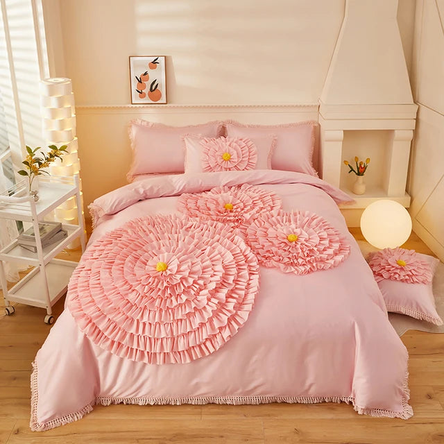 Pink Coffee Brushed Cotton Handwork Flowers Embroidery Duvet Cover Bedding Set
