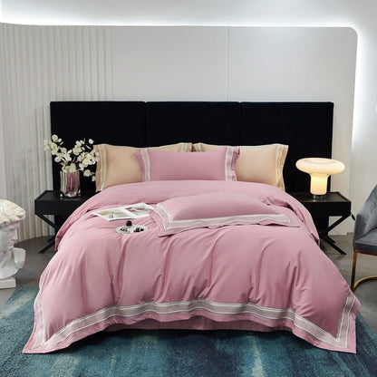 Luxury Pink Grey Brushed Embroidery Long Striped Duvet Cover, 1400TC Egyptian Cotton Bedding Set