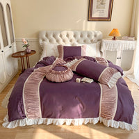 Thumbnail for White Purple Princess Pleated Ruffles Bed Skirt Duvet Cover Set, 100% Cotton Bedding Set