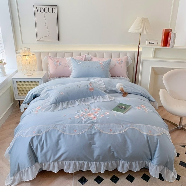Pink Blue Luxury Romantic Lace Ruffles Flowers Wedding Duvet Cover, Egyptian Cotton 1200TC Bedding Set