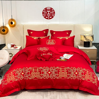 Luxury Red Dragon Tail Peacock Phoenix Wedding Duvet Cover Set, Polyester Bedding Set