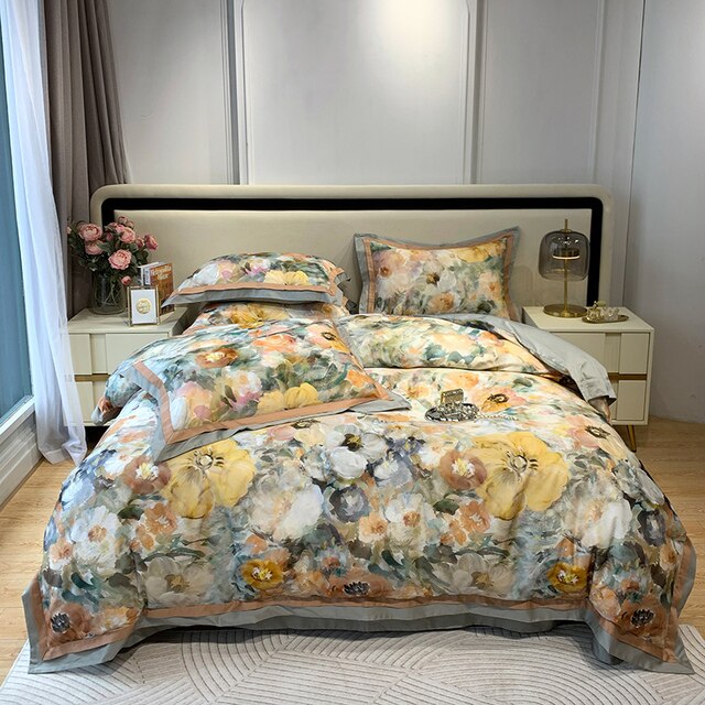 Nature Vintage Oil Painting Flowers Luxury Silky Duvet Cover, Egyptian Cotton 1000TC Bedding Set