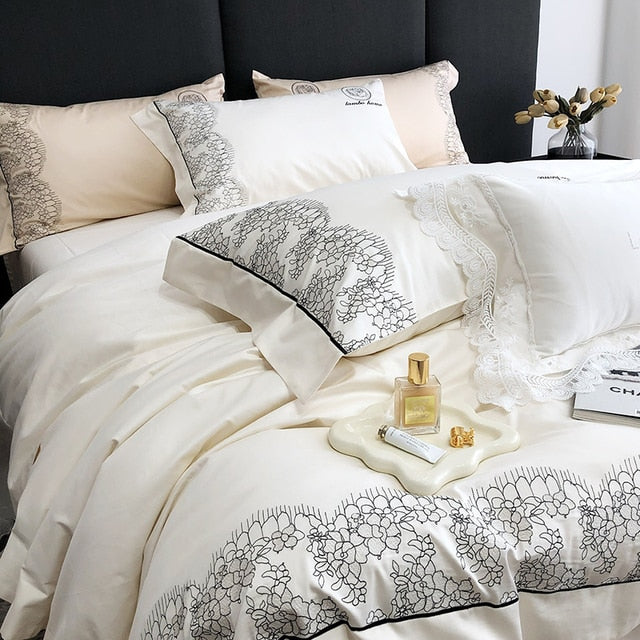 Chic White Black Europe Lace Embroidery Soft Duvet Cover, 1000TC Egyptian Cotton Bedding Set