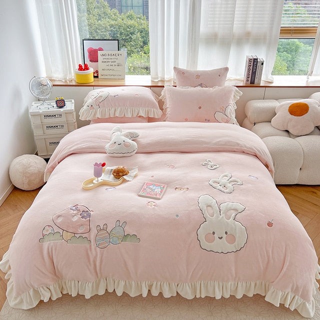 Premium Cartoon Big Ears Rabbits Kids Girls Short Plush Duvet Cover, Soft Milk Velvet Bedding Set