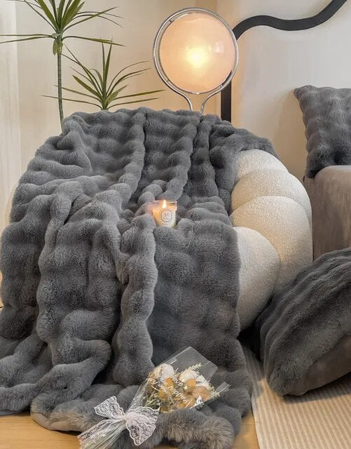 Grey Pink Fur Velvet Fleece Plush Blanket Double Layer for Bedding Home Decor