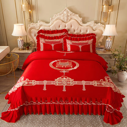 Premium Red Gold Wedding Dragon Phoenix Embroidered Ruffles Duvet Cover Set, Cotton 400TC Bedding Set