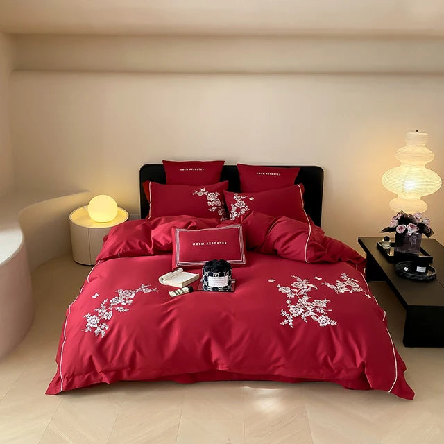 Black Red Premium Egyptian Cotton 1000TC Flowers Embroidery Vintage Duvet Cover Bedding Set