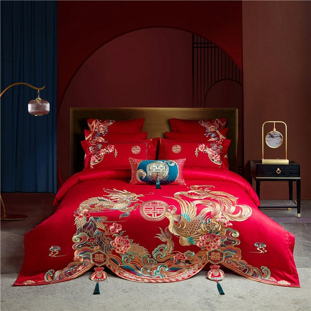 Luxury Gold Red Phoenix Wedding Wealth Duvet Cover Set, 1200TC Egyptian Cotton Bedding Set