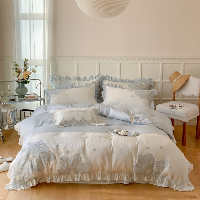 Pink Blossom Flower Luxury Princess Embroidery Lace Duvet Cover, 1000TC Egyptian Cotton Bedding Set