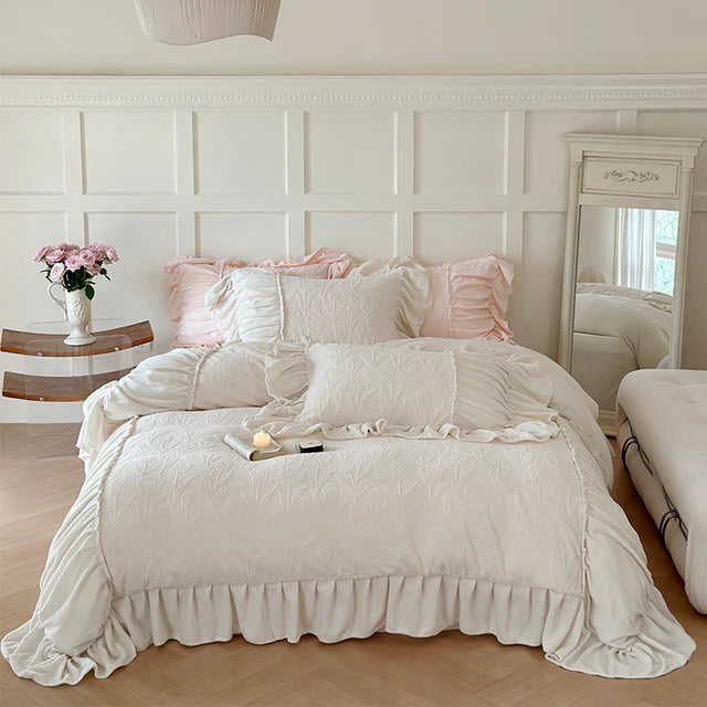 White Pink French Premium Pleat Ruffles Patchwork Duvet Cover, Crystal Velvet Fleece Bedding Set