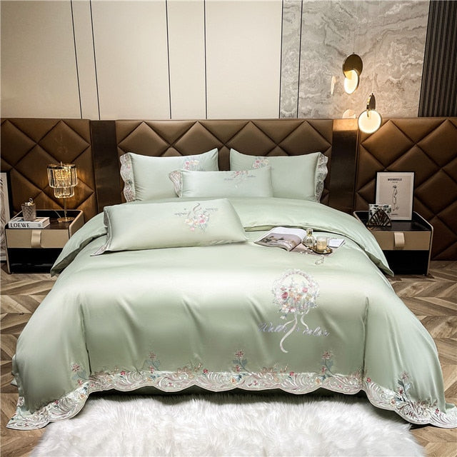 Pink Green Luxury Europe Elegant Floral Embroidery Duvet Cover, 1000TC Egyptian Cotton Bedding Set