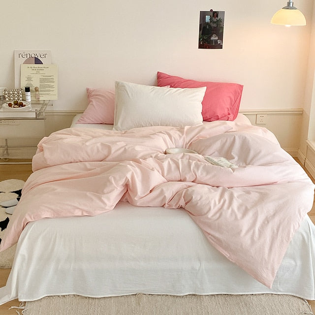 Pink White Rose Pink Sweet Girls Duvet Cover Set, 100% Cotton Bedding Set