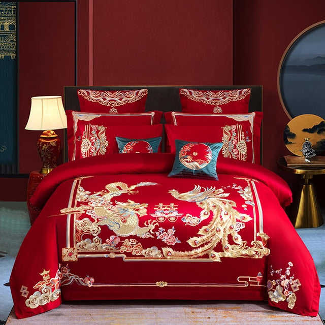 Luxury Heaven Red Gold Phoenix Wedding Embroidery Duvet Cover Egyptian Cotton Bedding Set