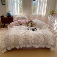 Thumbnail for Pink Green 100% Cotton French Pastoral Floral Printed Ruffles Bedding Duvet Cover Bedding Set