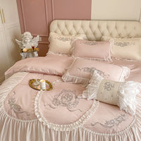 Thumbnail for White Pink Rose French Princess Chiffon Lace Edge Duvet Cover, 1000TC Egyptian Cotton Bedding Set