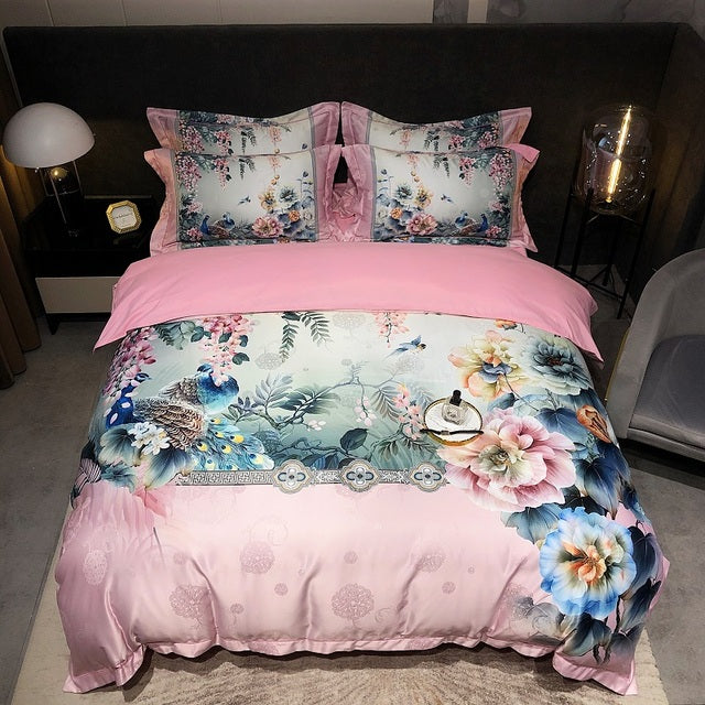 Premium Peacock Boho Digital Printing Smooth Soft Silky Duvet Cover Set, Polyester 600TC Bedding Set