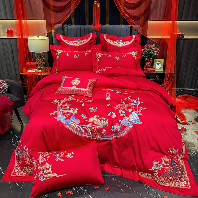 Luxury Red Peacock Elegant Phoenix Embroidered Wedding Duvet Cover Set, 600TC Egyptian Cotton Bedding Set