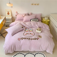 Thumbnail for Pink Blue Rabbit Happy Embroidery Short Plush Duvet Cover, Velvet Fleece Bedding Set