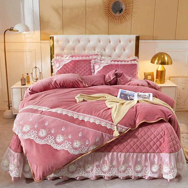 Luxury Yellow Pink Warm Velvet Fleece Lace Ruffles Quilted Bedspread Bedding Set