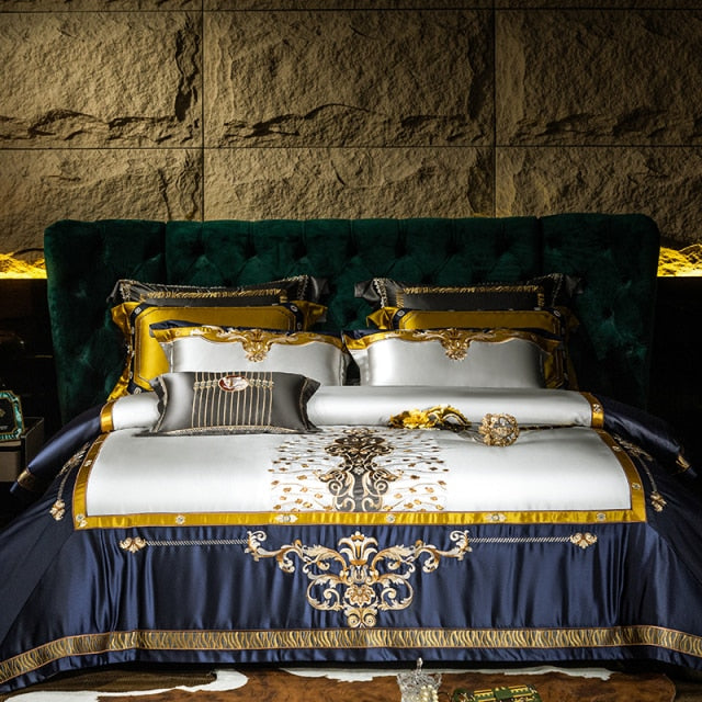 Luxury Gold Blue Baroque Europe Silk Embroidered Duvet Cover Set, 1200TC Egyptian Cotton Bedding Set