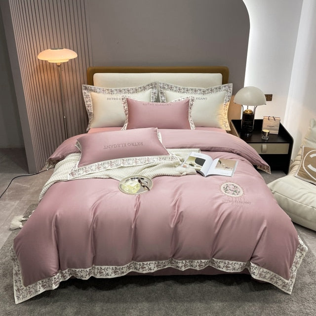 Luxury White Pink Flowers European Embroidered Duvet Cover Set, 1000TC Egyptian Cotton Bedding Set