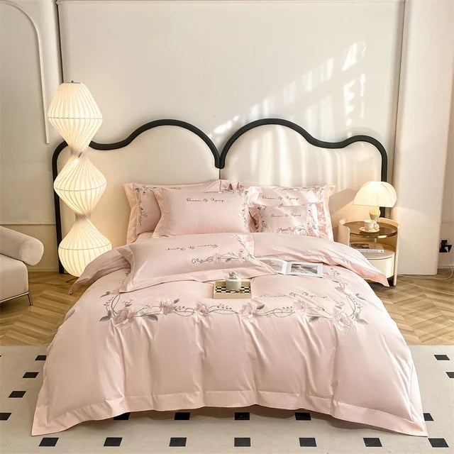 Chic White Pink Flowers Cotton Embroidery Bedding Set