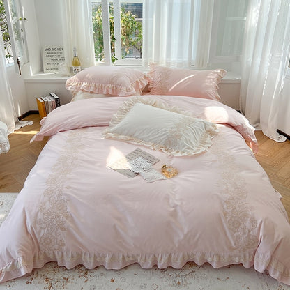 Pink Romantic French Princess Flowers Lace Ruffles Duvet Cover, Washed Cotton 400TC Bedding Set