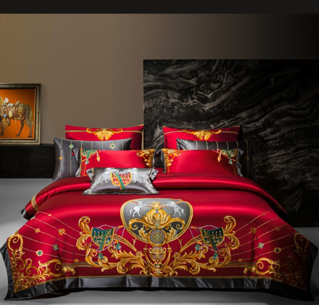 Luxury Red Gold European Horse Jacquard Embroidered Wedding Duvet Cover Set, 1200TC Egyptian Cotton Bedding Set