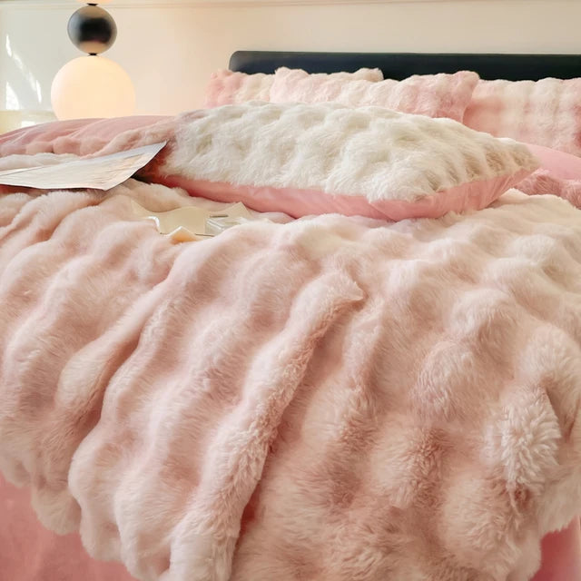 Pink Blue Cozy Thickened Warm Faux Fur Velvet Fleece Plush Shaggy Duvet Cover Bedding Set