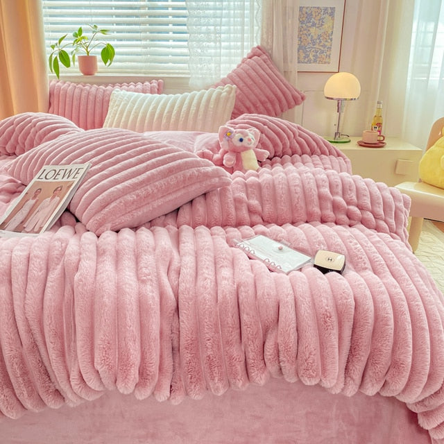 Pink Grey Luxury Fluffy Soft Warm Velvet Fleece Girl Child Duvet Cover Bedding Set