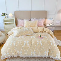 Thumbnail for Princess Floral Big Bow Ribbon Lace Ruffles Duvet Cover, Velvet Fleece Fabric Bedding Set