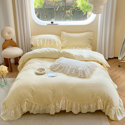 Pearl White Cream Yellow Princess Wedding Duvet Cover Set, Cotton 100% Bedding Set