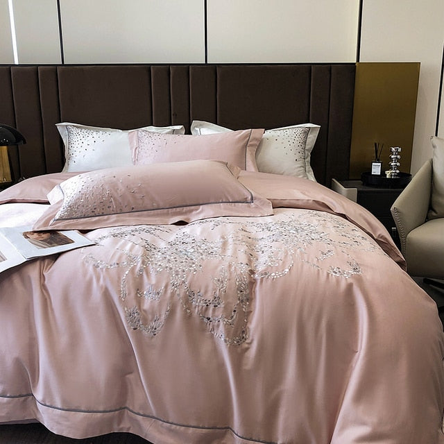 Luxury White Pink Dot Print Flowers Flower Duvet Cover Set, 1000TC Egyptian Cotton Bedding Set