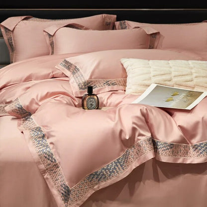 Silver Grey Luxury Long Square Stripe Embroidery Satin Silky Duvet Cover Set, 1000TC Egyptian Cotton Bedding Set