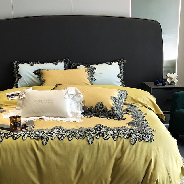 Premium Yellow Black Zebra Lace Embroidery Duvet Cover Set, Egyptian Cotton 1000TC Bedding Set