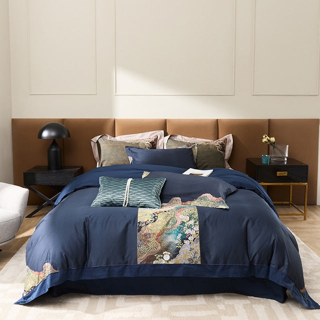 Luxury White Dark Blue Garden Flower Quilt Soft Duvet Cover Set, 1000TC Egyptian Cotton Bedding Set