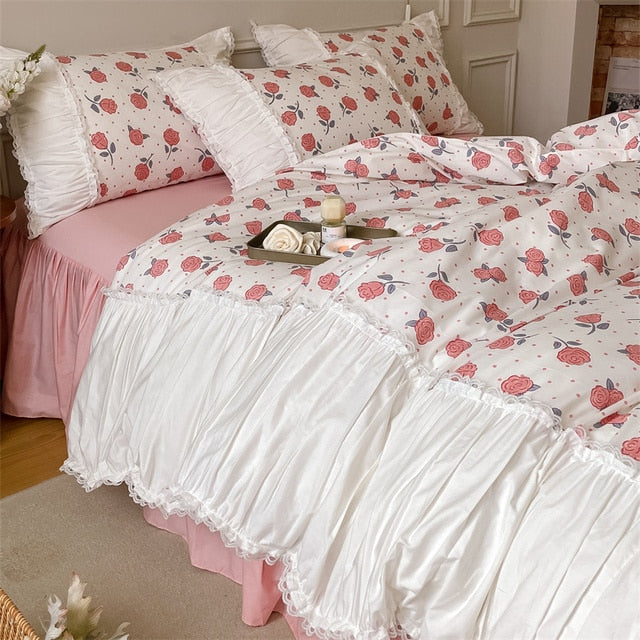 French Vintage White Green Patchwork Floral Ruffles Duvet Cover Set, 400TC Cotton Bedding Set