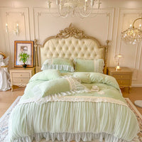 Thumbnail for White Pink Luxury Romantic European Ruffles Patchwork Princess Duvet Cover, Velvet Fleece Bedding Set