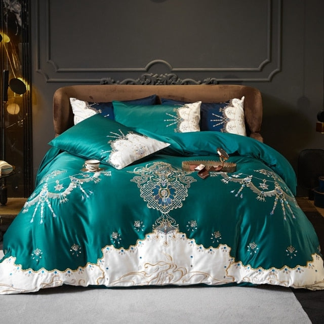Luxury Blue White Baroque Royal Duvet Cover Set, Washed Silk And Cotton Bedding Set